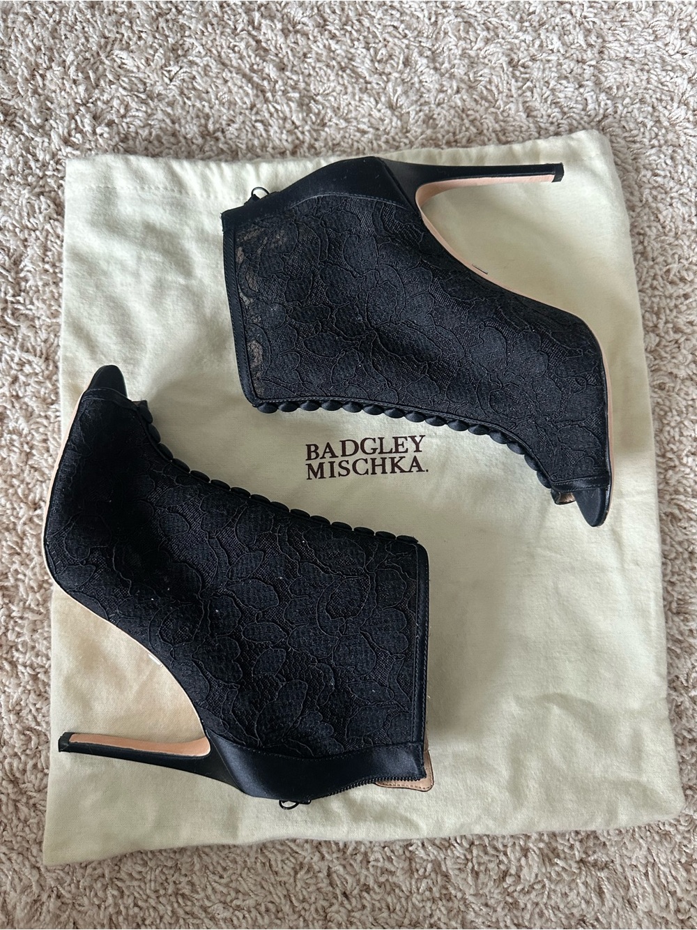 Badgley Mischka Black Lace Peep-Toe Ankle Booties with Scalloped Trim